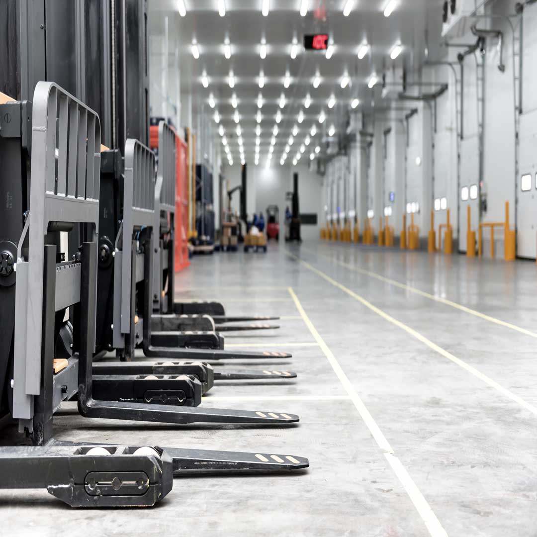 Inside industrial warehouse featuring forklifts and dock doors