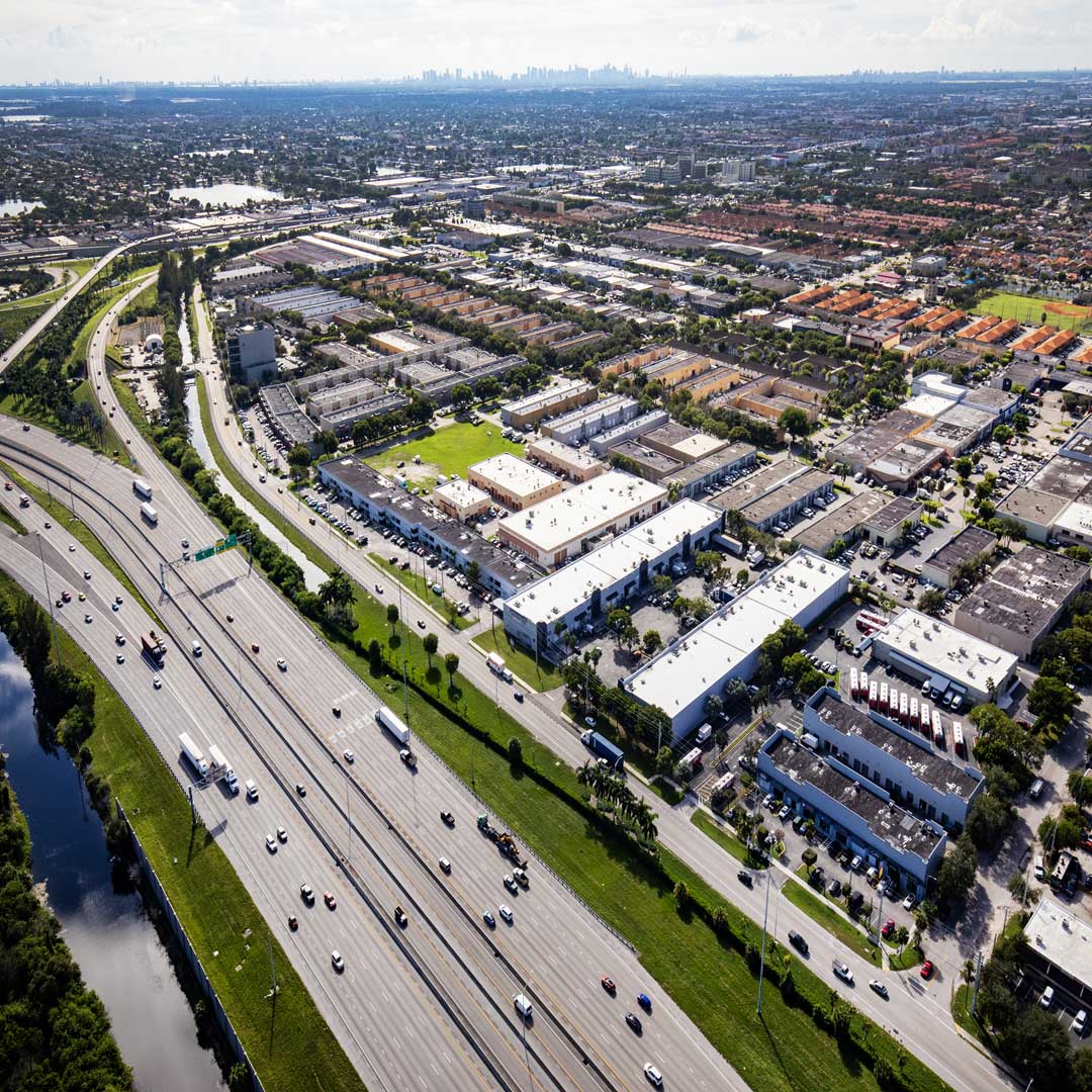 Ariel exterior of several industrial buidlings