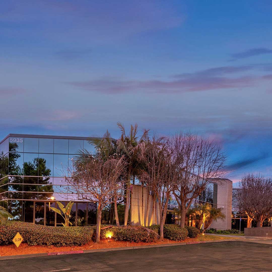 Modern office building with reflective glass windows, palm trees, and landscaped greenery at sunset.