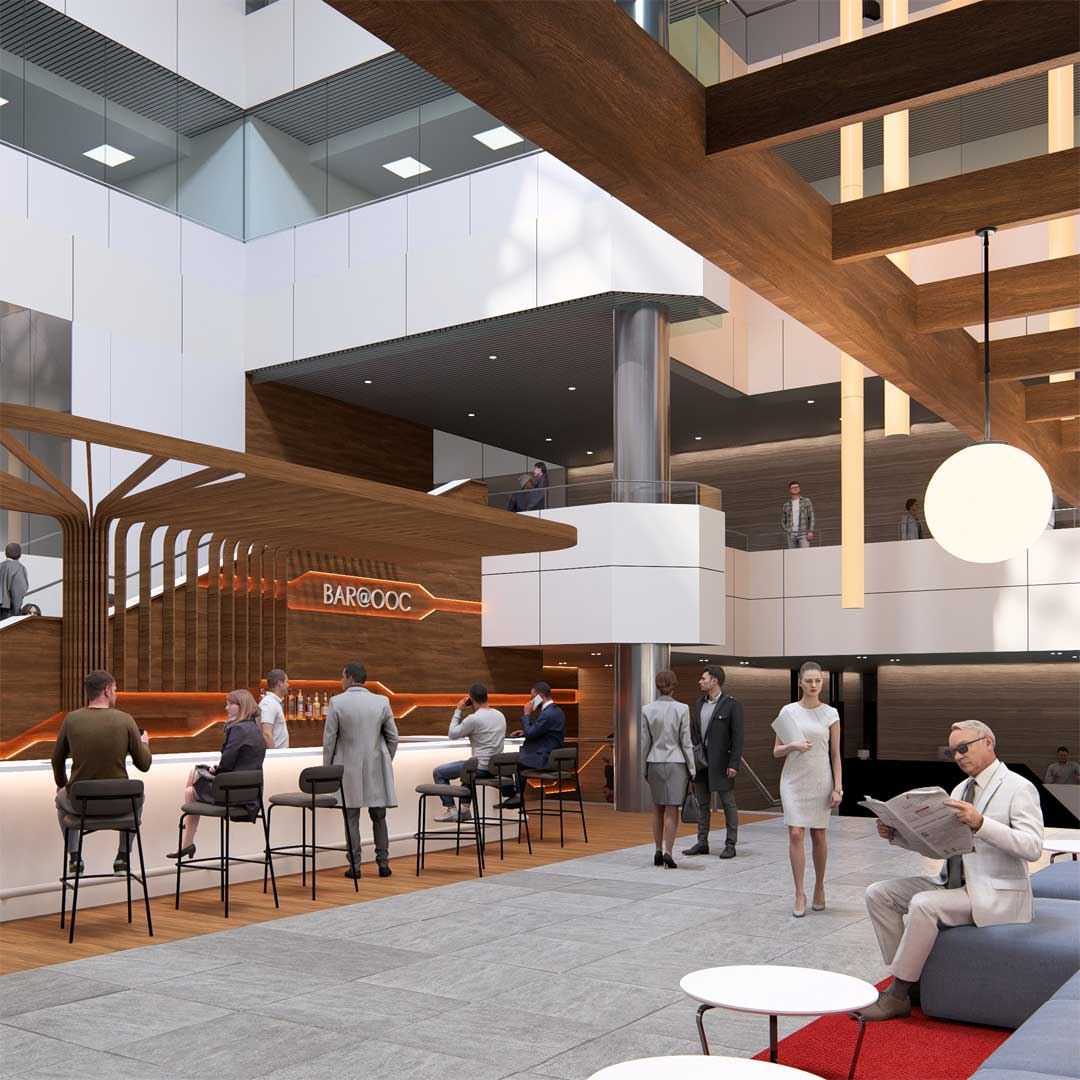 A rendering of the lobby inside One Oxford Centre