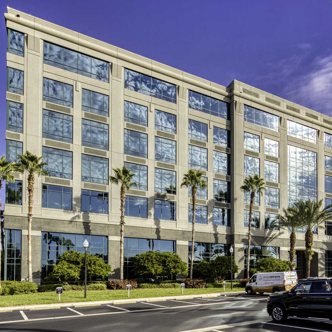 Exterior of seven story office building with palm trees in front