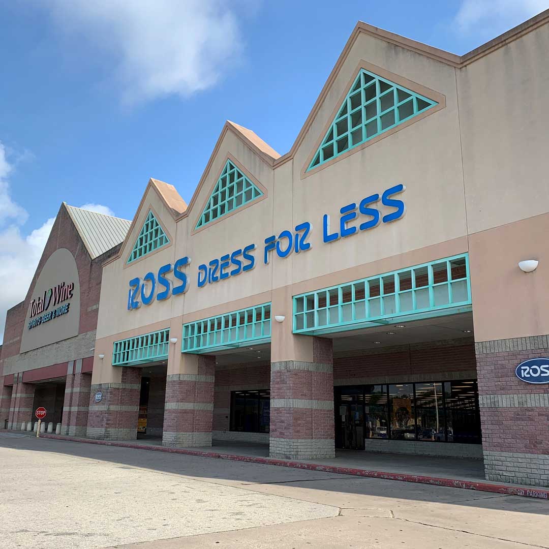 Exterior of retail shopping center, the store is Ross Dress for Less