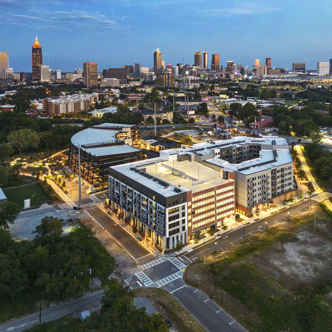 Night time arial view of Vibe at Echo Street West