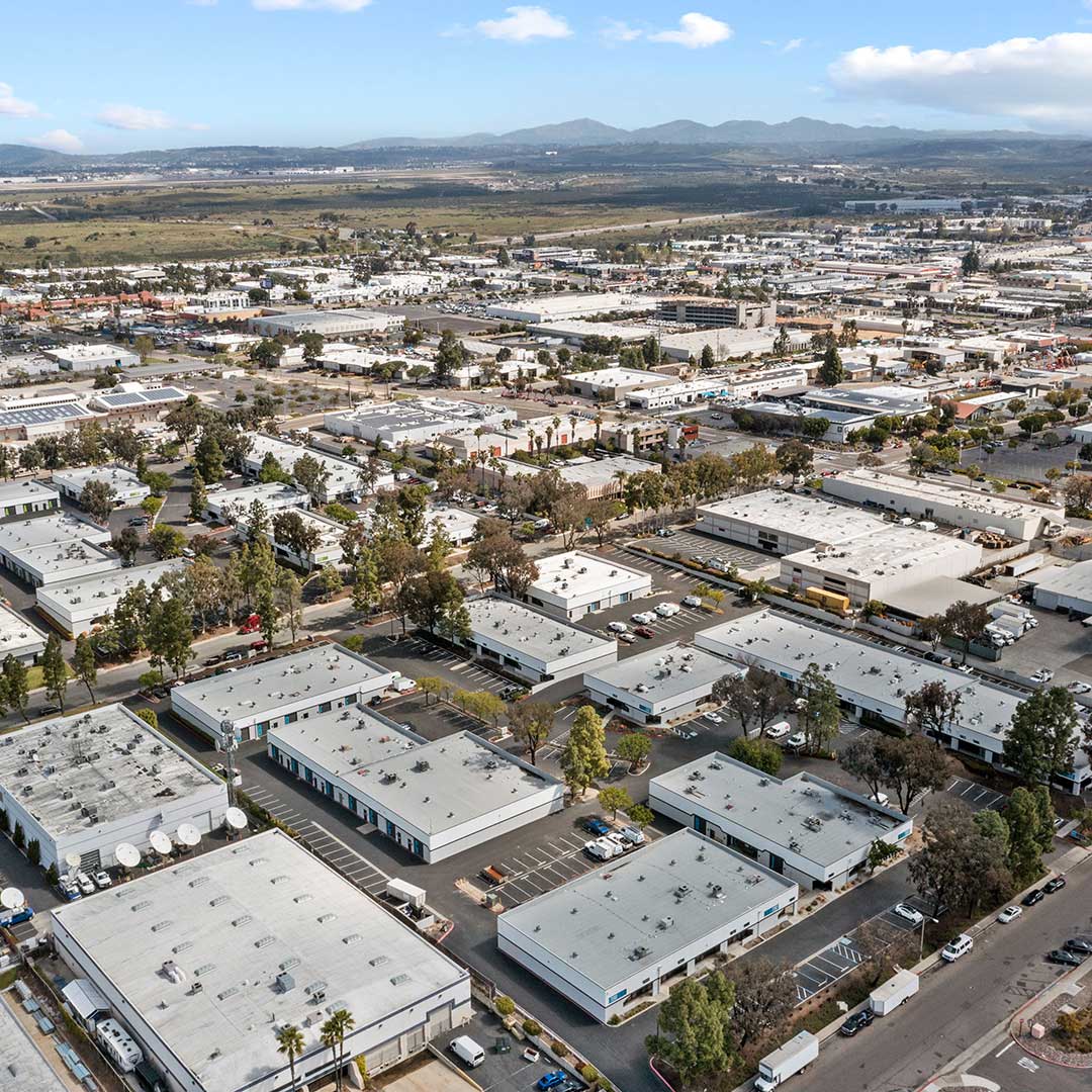 Aerial view of Kearny Mesa West industrial and commercial buildings in San Diego, California.