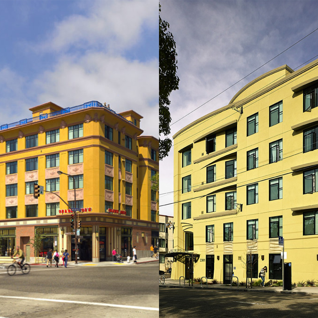 Two multifamily residential buildings in Berkeley, California, featuring mixed-use street-level retail in an urban neighborhood setting.
