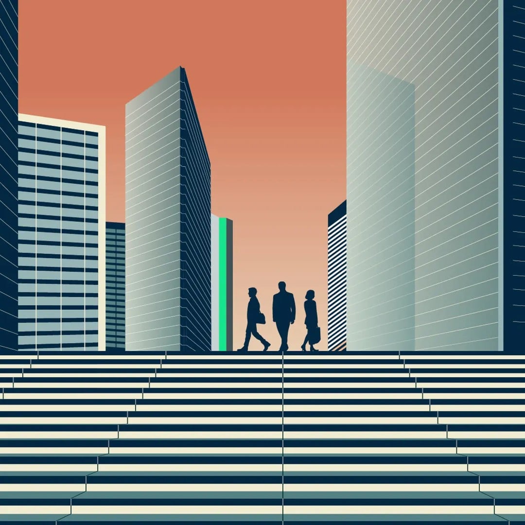 CBRE 2026 Midyear Real Estate Outlook — illustration of a commercial real estate skyline with business professionals
