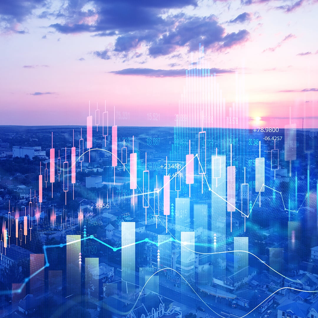 Commercial real estate lending market data and financial graphs over a city skyline, illustrating CBRE's Q2 2026 Lending Momentum Index