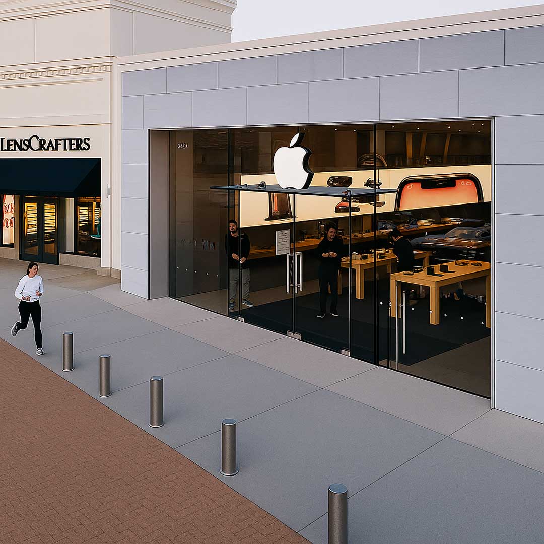 Apple Store and adjacent LensCrafters storefronts at an outdoor shopping center, showing glass façade, signage, and pedestrian walkway.