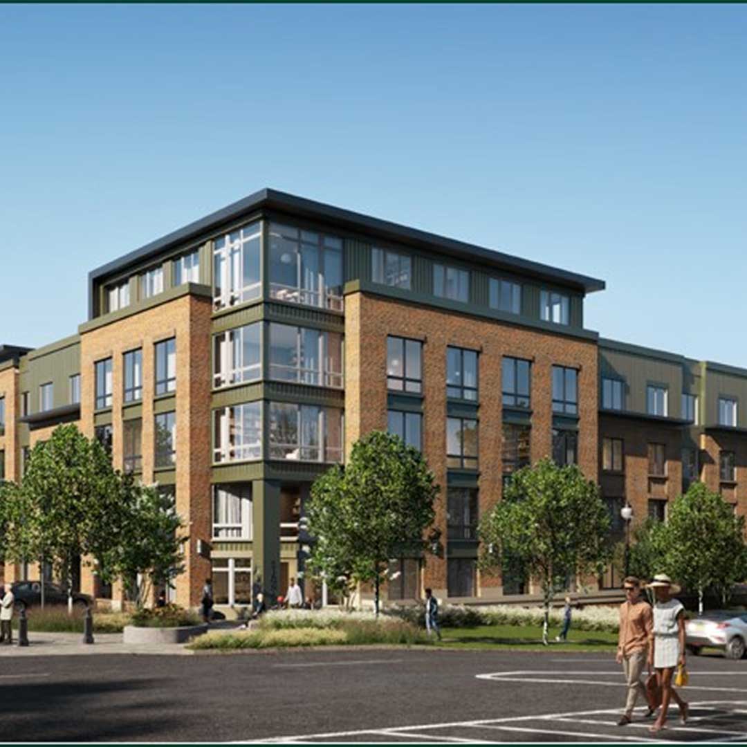 Rendering of a modern multi‑story residential building with large windows, landscaped trees, and people walking in the foreground on a clear day.