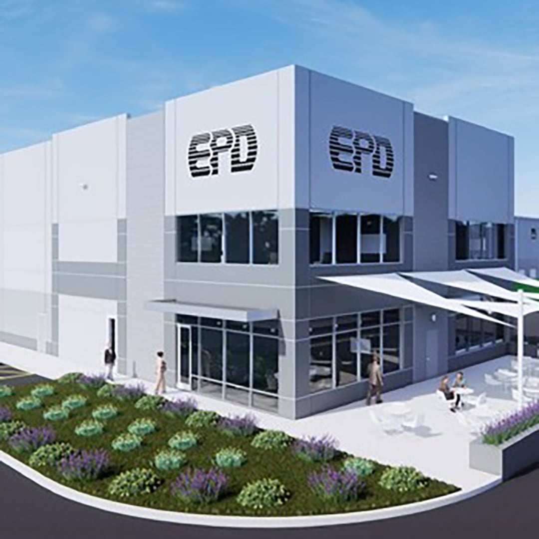 Architectural rendering of a modern industrial building featuring EPD branding, outdoor seating areas, and landscaped surroundings.