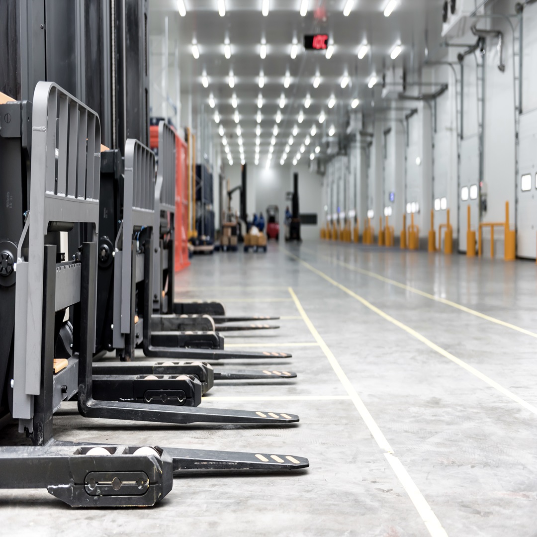 Interior of a modern industrial warehouse with forklifts lined up along the floor and multiple loading dock doors in the background.