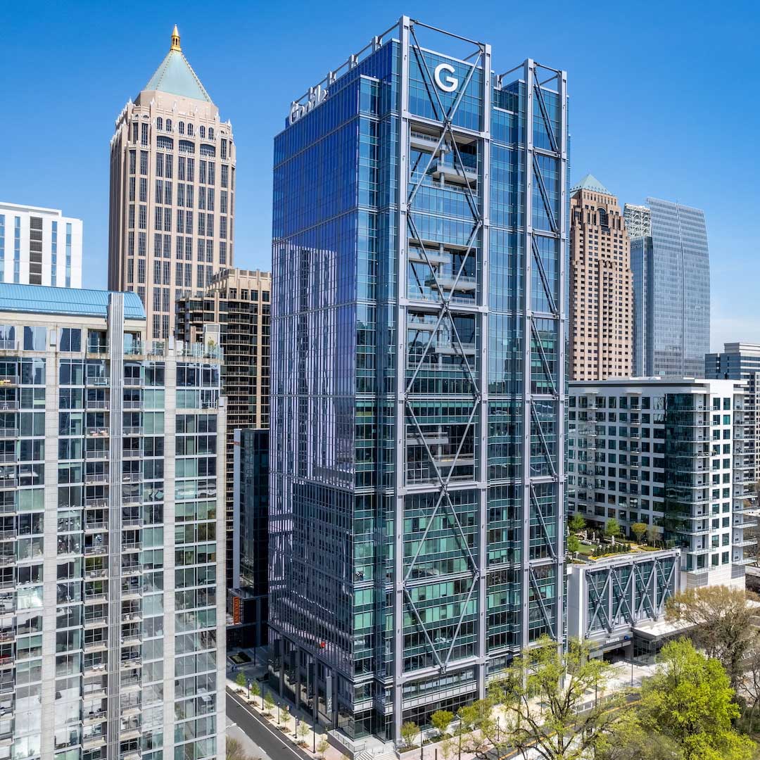 Exterior view of 1105 West Peachtree, a Class A office building in Midtown Atlanta’s central business district