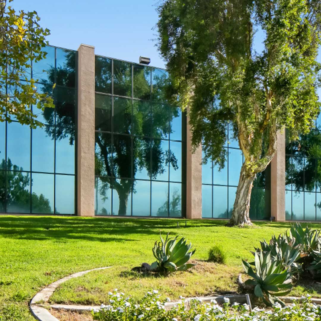 Office building with reflective glass windows surrounded by green lawn, trees, and landscaped plants.