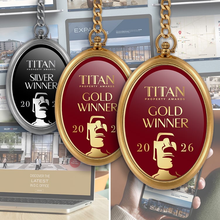 CBRE Calibre Creative Group wins two Gold and one Silver at the 2026 TITAN Property Awards, with medal badges displayed against a backdrop of award-winning property marketing websites