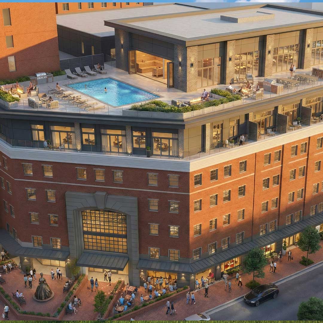 Luxury mixed-use building with rooftop pool, lounge seating, fire pits, terrace dining, and street-level retail in an urban setting.
