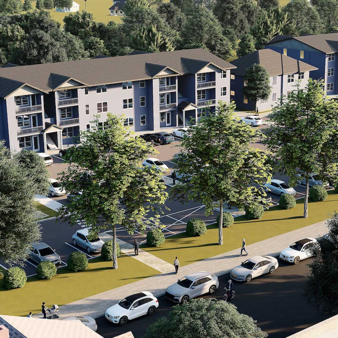 Multiple 3-story apartment buildings with balconies