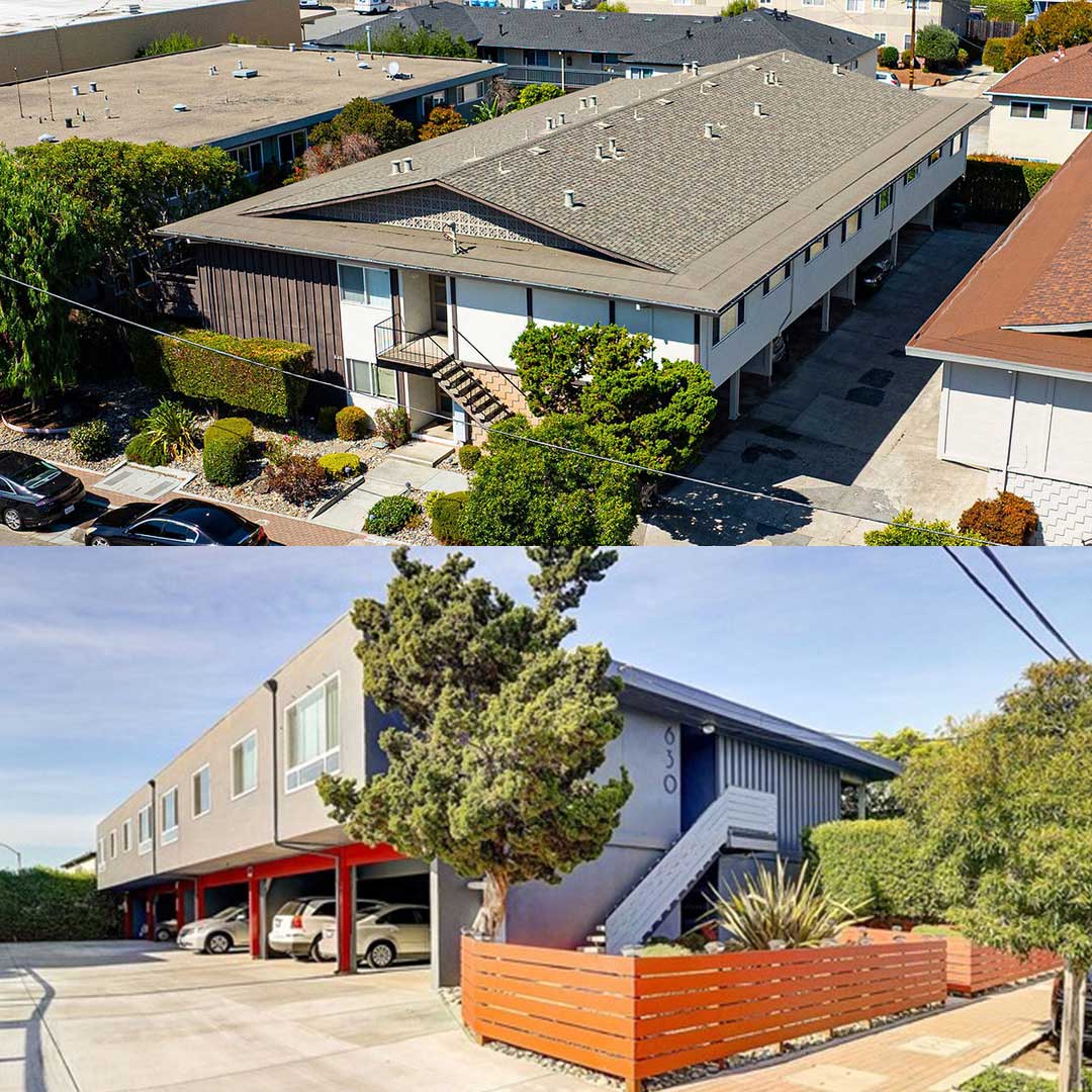 Aerial and street-level views of a two-story apartment building with carport parking, exterior stairs, and landscaped surroundings in Belmont, California.