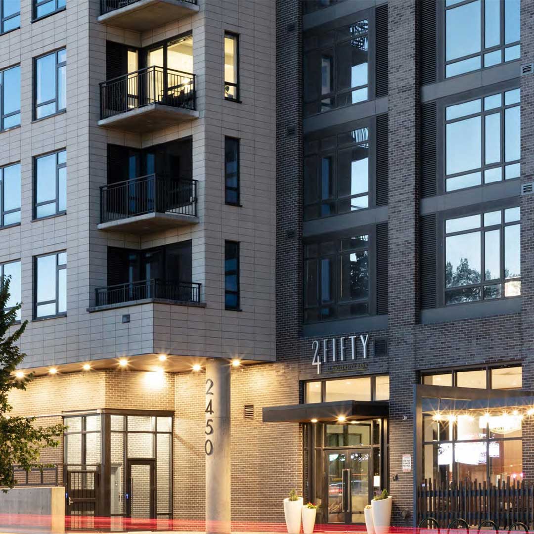 24Fifty Denver apartment building exterior with modern design, balconies, and luxury urban living