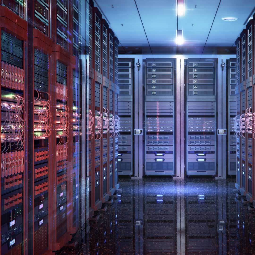 Rows of server racks in a modern data center with network cables and illuminated equipment