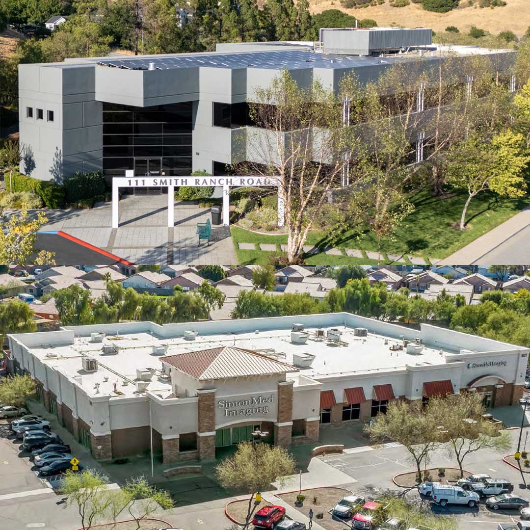Two commercial buildings shown in aerial views, including a modern office property at 111 Smith Ranch Road and a medical imaging center.