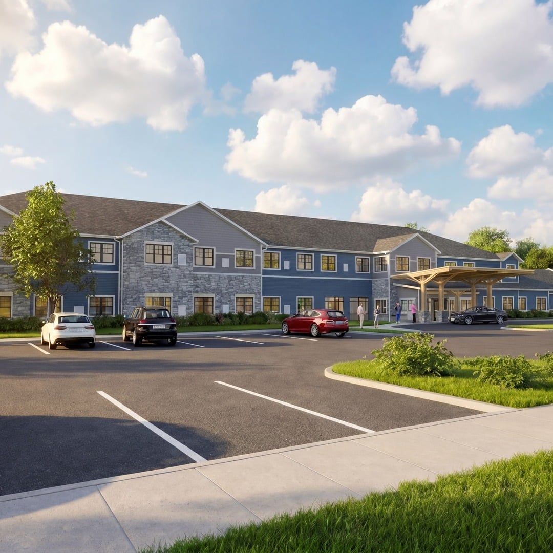 Rendering of the Trilogy senior living campus building with entry canopy and parking, Fitchburg, Wisconsin