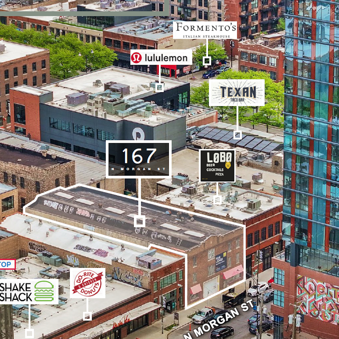Annotated aerial image of 167 N Morgan St highlighting the commercial property and nearby restaurants and retailers.