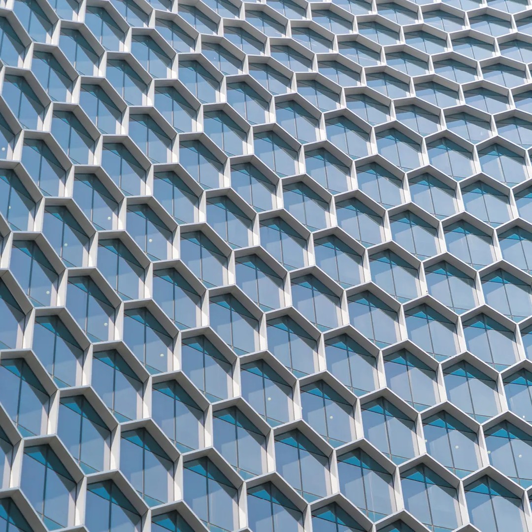 Honeycomb-patterned building facade, exterior architectural detail