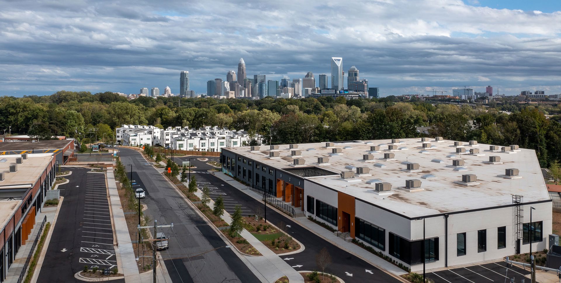 Aerial view of an adaptive reuse building in Charlotte
