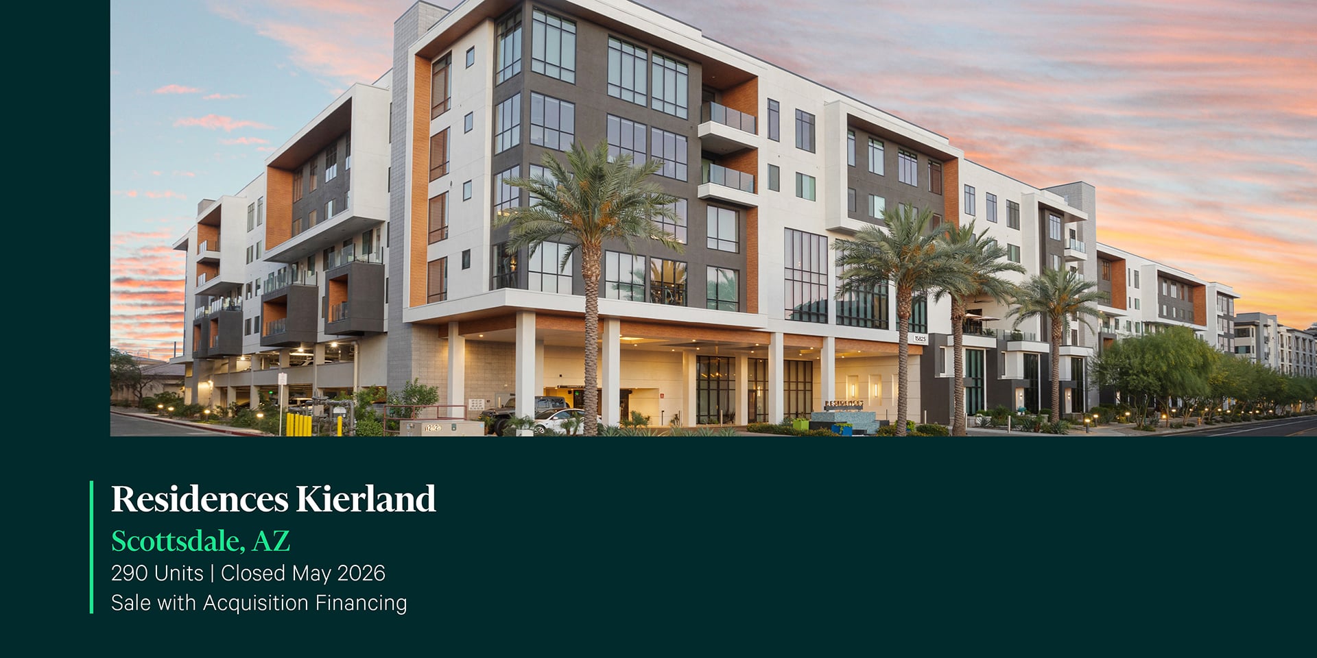 Residences Kierland 290-unit luxury apartment community exterior at dusk in Scottsdale, AZ with modern facade, balconies, and palm trees.