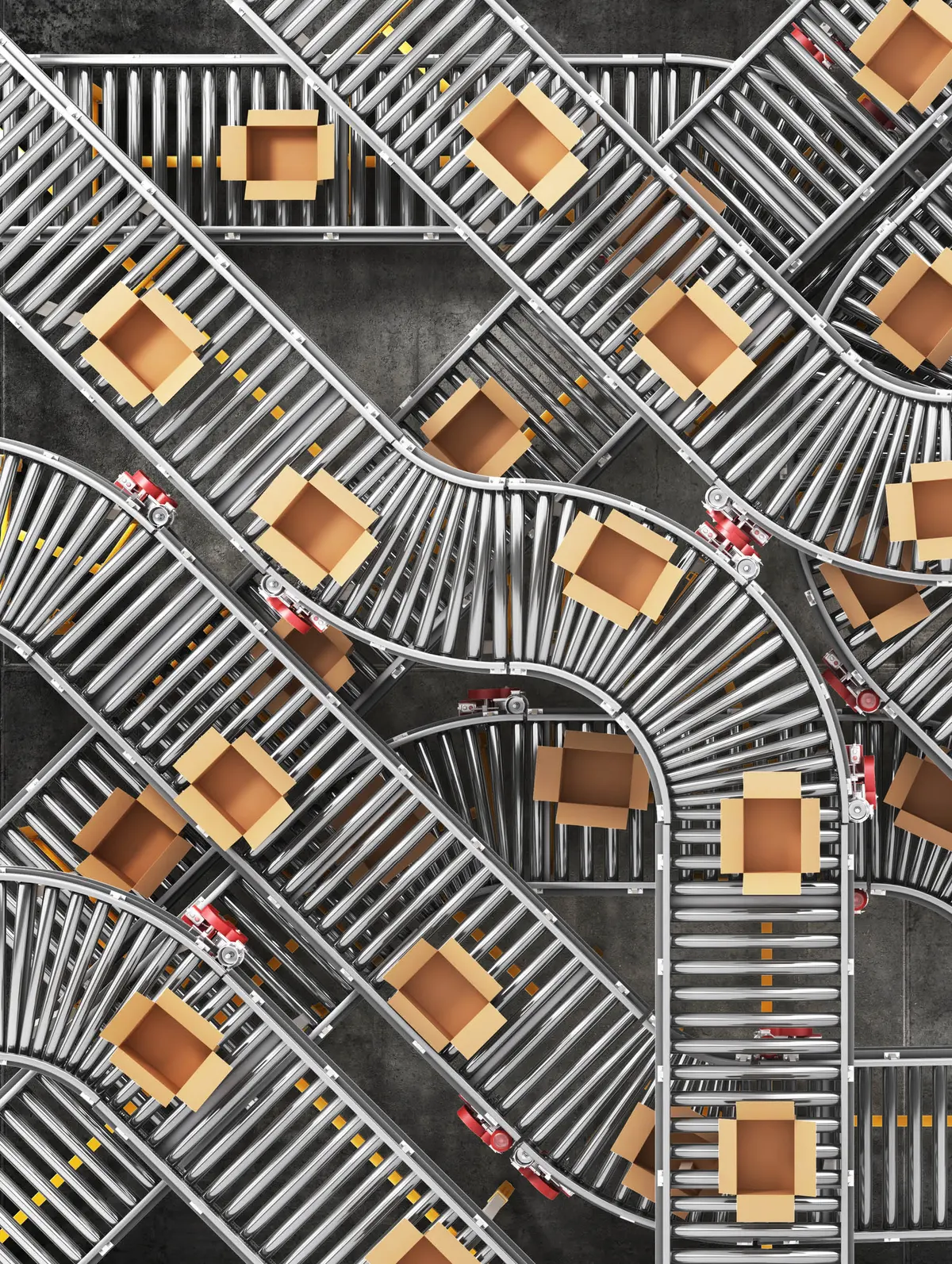 Aerial view of a complex network of conveyor belts transporting multiple cardboard boxes through a warehouse.