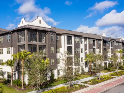 Waterfront multifamily apartment community with palm trees at Botanic Waterside