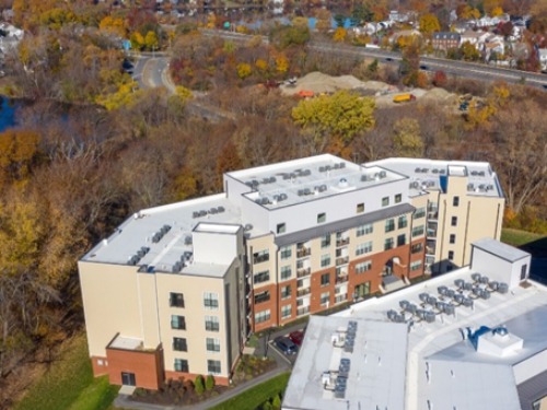 Mid‑rise multifamily apartment community surrounded by trees at The Royal Belmont