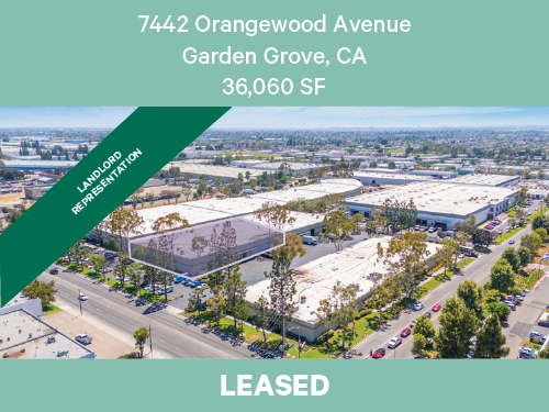 Aerial view of an industrial property at 7442 Orangewood Avenue in Garden Grove, California, totaling 36,060 square feet and shown as leased.