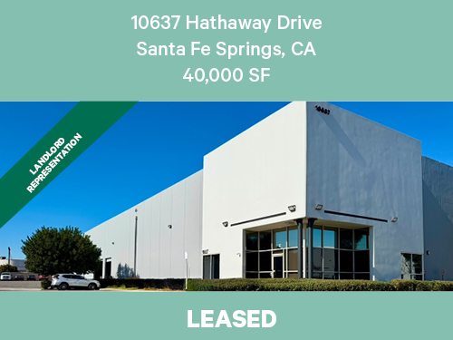 Exterior view of a modern white industrial building at 10637 Hathaway Drive in Santa Fe Springs, California, featuring clean facade lines, corner entrance with glass doors, landscaped frontage, and parked vehicles, labeled as leased, totaling 40,000 square feet.