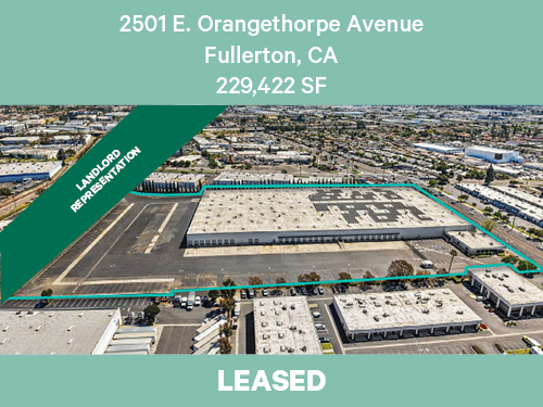 Aerial view of an industrial warehouse property at 2501 East Orangethorpe Avenue in Fullerton, California, with a large roof footprint, outlined boundary lines, adjacent parking areas, and surrounding commercial development, labeled as leased, totaling 229,422 square feet.