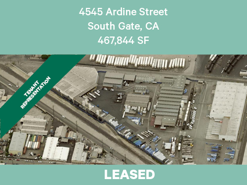 Aerial view of a large industrial warehouse and distribution facility at 4545 Ardine Street in South Gate, California, showing multiple loading docks, trailers, and surrounding industrial buildings, labeled as leased, totaling 467,844 square feet.