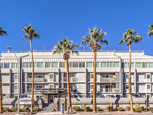 Exterior view of a mid-rise apartment building with balconies and palm trees, showcasing modern multifamily residential architecture.