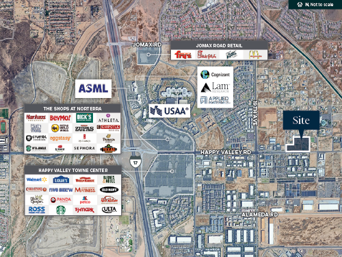 Aerial map of Norterra Pointe, an 11-acre land sale site in Phoenix, AZ near Happy Valley Road and I-17, surrounded by retailers including USAA, ASML, The Shops at Norterra, and Happy Valley Towne Center, sold June 2026