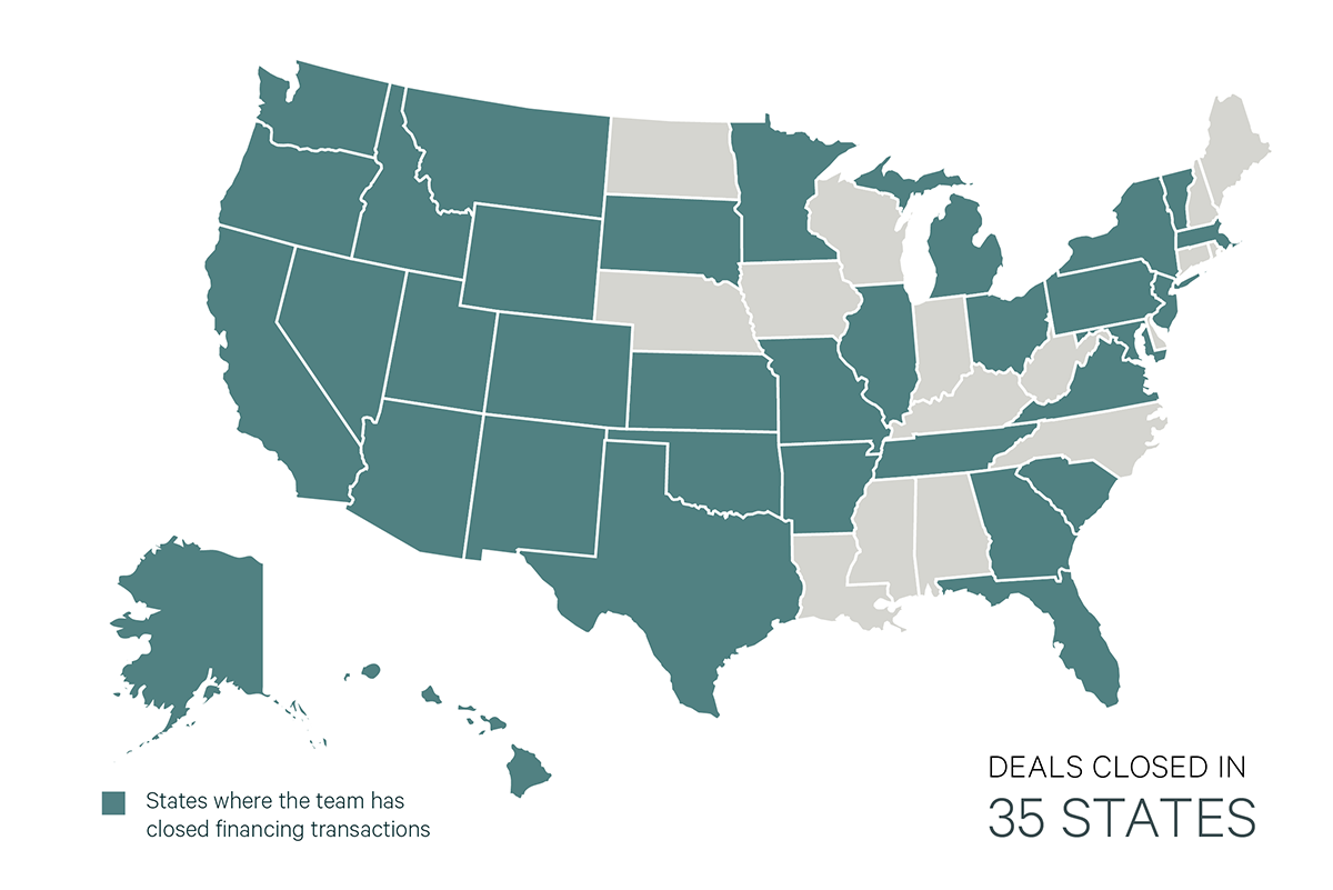 U.S. map highlighting 35 states where the team has closed financing transactions.