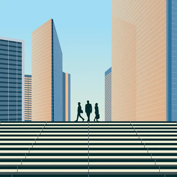 Illustration of a modern city skyline with tall glass buildings and two business silhouettes walking across wide steps under a clear blue sky.
